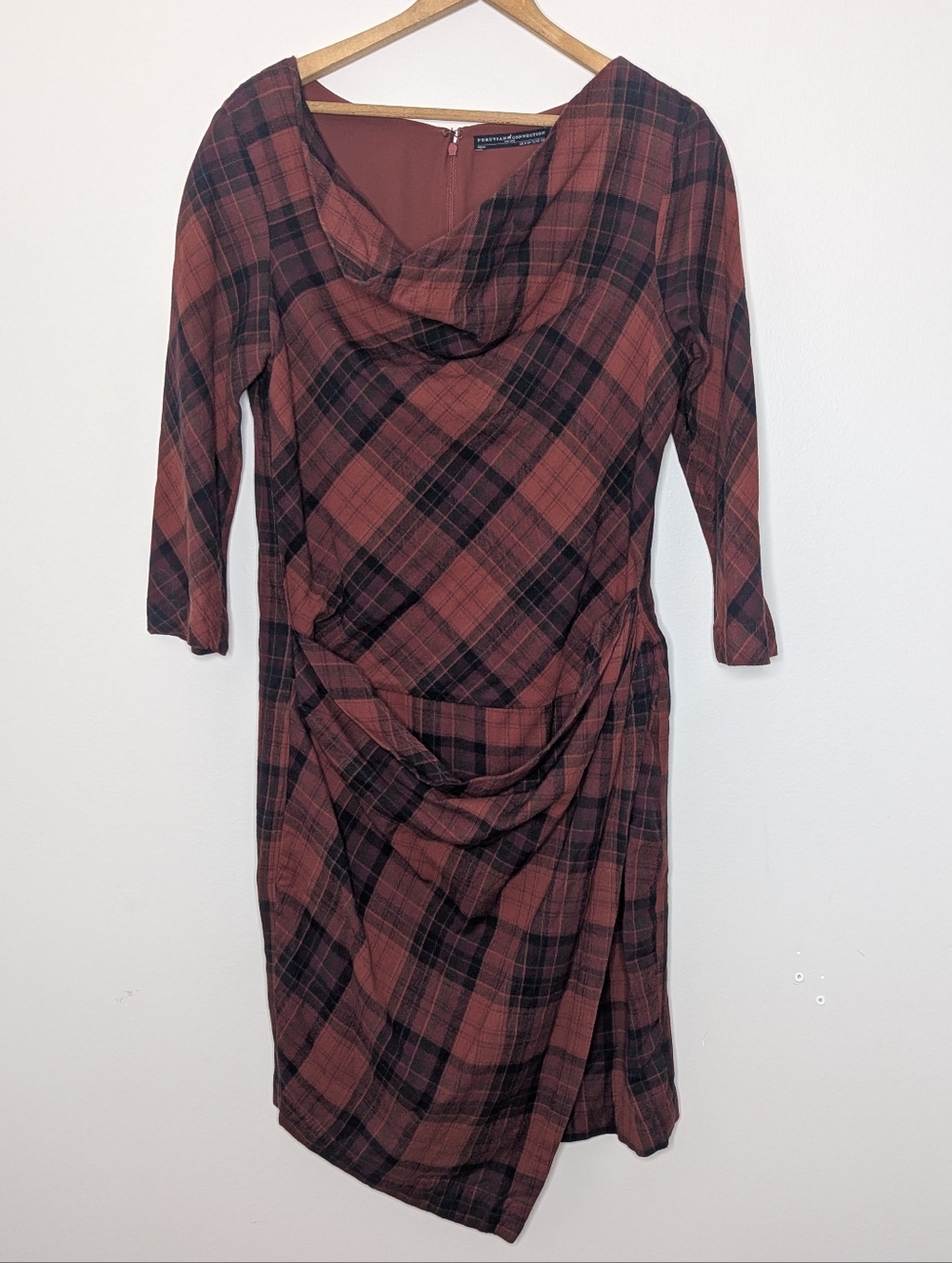 Peruvian Connection Women's Asymmetrical Plaid 3/4 Sleeve Cowl Midi Dress Size 8